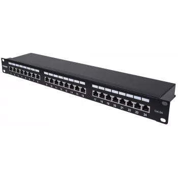 Intellinet Sadales panelis, Cat6a, FTP, 24-portu, 1U, ekranēts, 90° augšējā pieslēguma spailes, melns