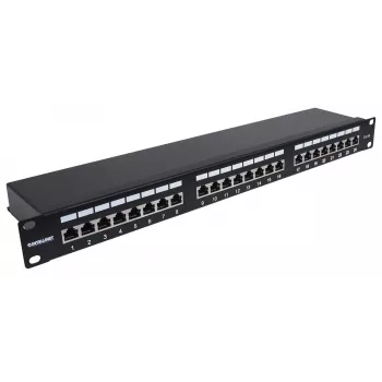 Intellinet Sadales panelis, Cat6a, FTP, 24-portu, 1U, ekranēts, 90° augšējā pieslēguma spailes, melns