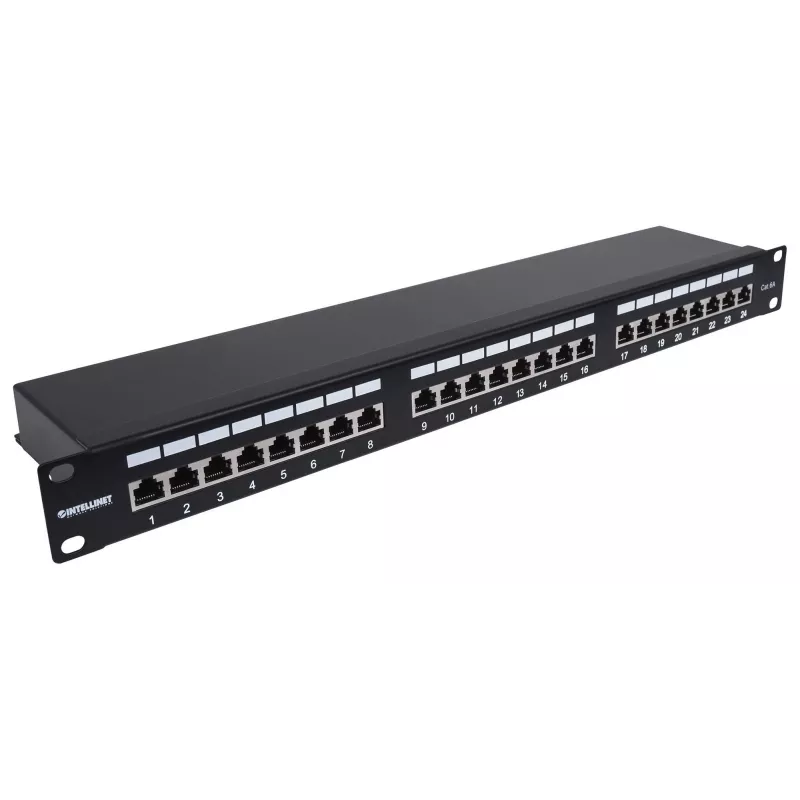 Intellinet Sadales panelis, Cat6a, FTP, 24-portu, 1U, ekranēts, 90° augšējā pieslēguma spailes, melns