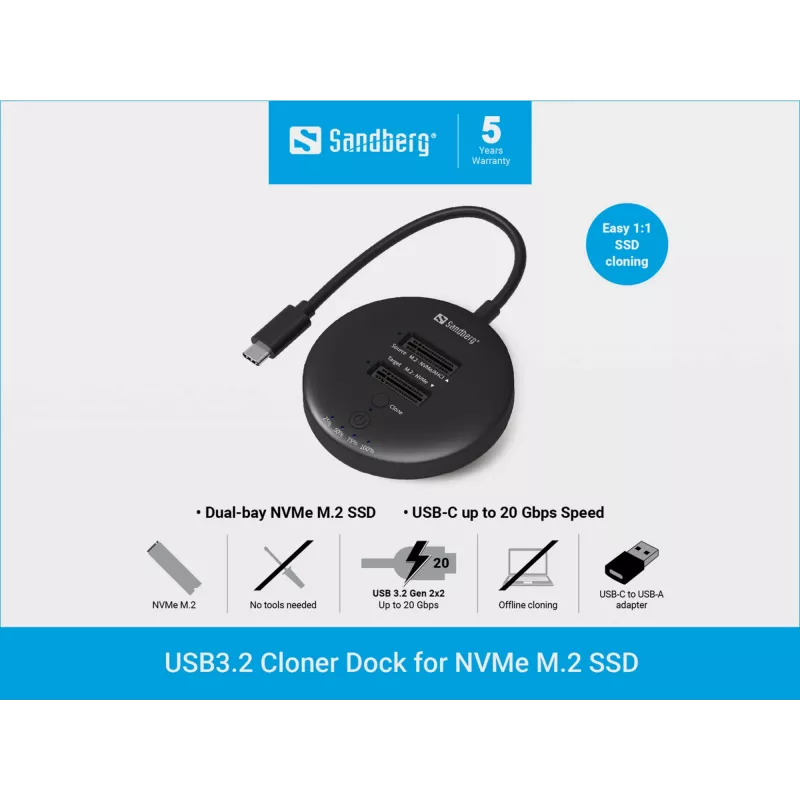 Sandberg USB3.2 Cloner Dock NVMe M.2 SSD, melns, 20 Gbit/s