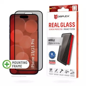 Displex Privātuma aizsargstikls (10H) Apple iPhone 15/15 Pro, ar Eco montāžas rāmi, privātuma filtrs