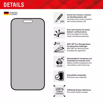 Displex Privātuma aizsargstikls (10H) Apple iPhone 15/15 Pro, ar Eco montāžas rāmi, privātuma filtrs