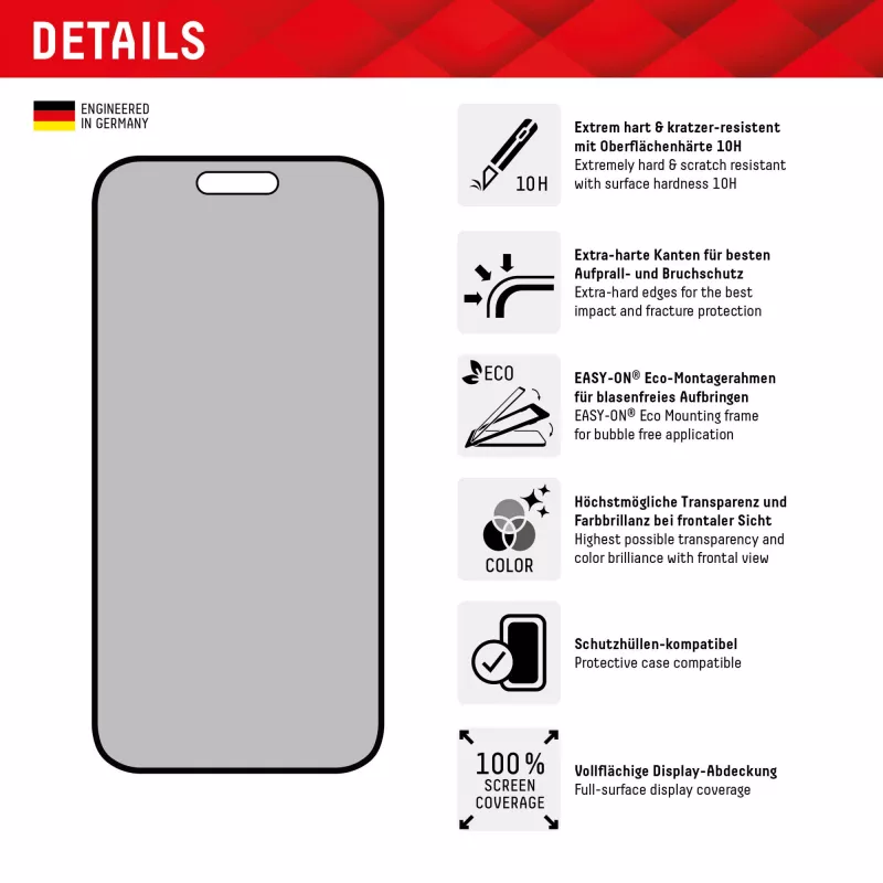 Displex Privātuma aizsargstikls (10H) Apple iPhone 15/15 Pro, ar Eco montāžas rāmi, privātuma filtrs