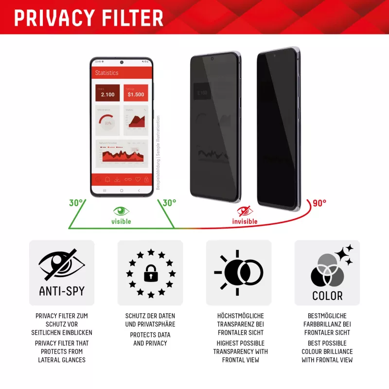 Displex Privātuma aizsargstikls (10H) Apple iPhone 15/15 Pro, ar Eco montāžas rāmi, privātuma filtrs