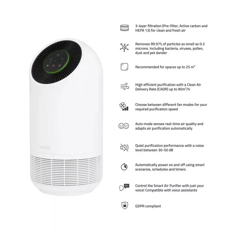 Gaisa attīrītājs Hombli Smart Air Purifier Avanca International BV, trokšņu līmenis 30 dB, balts/melns