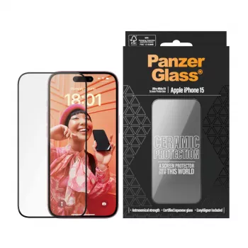 PanzerGlass Keramikas aizsargstikls iPhone 15 Ultra-Wide Fit, skrāpējumus un triecienus izturīgs