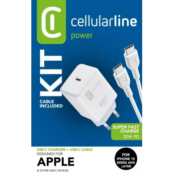 Cellularline USB-C lādētāja komplekts 30W ar USB-C kabeli – iPhone 15 sērijai