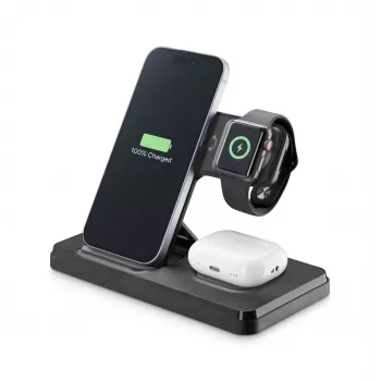 Tech Pop 3-in-1 bezvadu uzlādes stacija viedpulkstenim un viedtālrunim melna