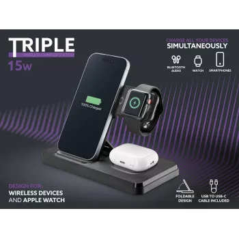Tech Pop 3-in-1 bezvadu uzlādes stacija viedpulkstenim un viedtālrunim melna