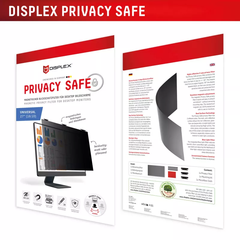Displex PRIVACY SAFE noņemams 2-virzienu privātuma filtrs 27 collu monitoram (16:10)