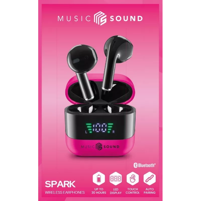 Music Sound SPARK TWS austiņas ar LED displeju, rozā