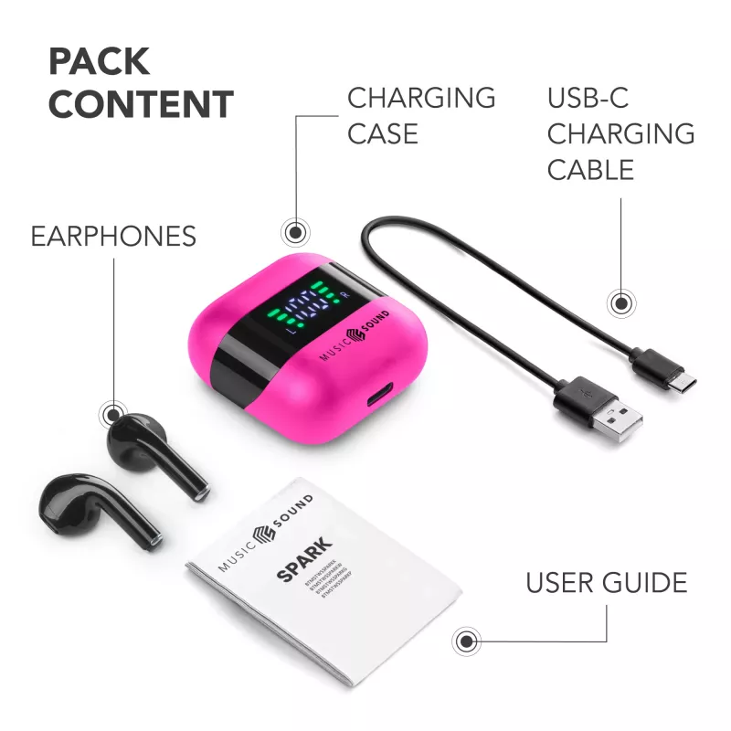 Music Sound SPARK TWS austiņas ar LED displeju, rozā