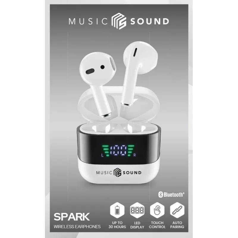 Music Sound SPARK TWS austiņas ar LED displeju, baltas