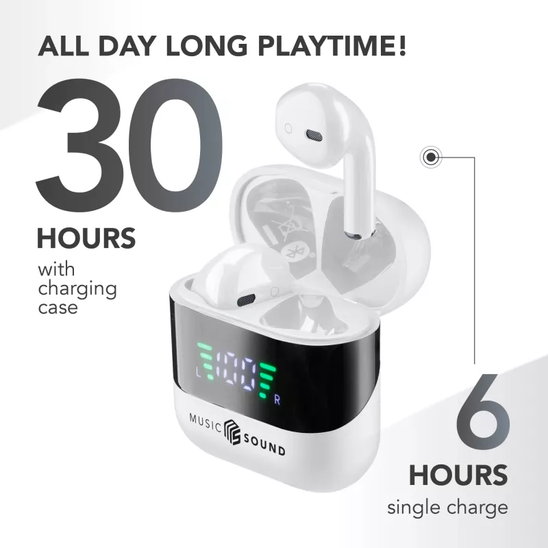 Music Sound SPARK TWS austiņas ar LED displeju, baltas