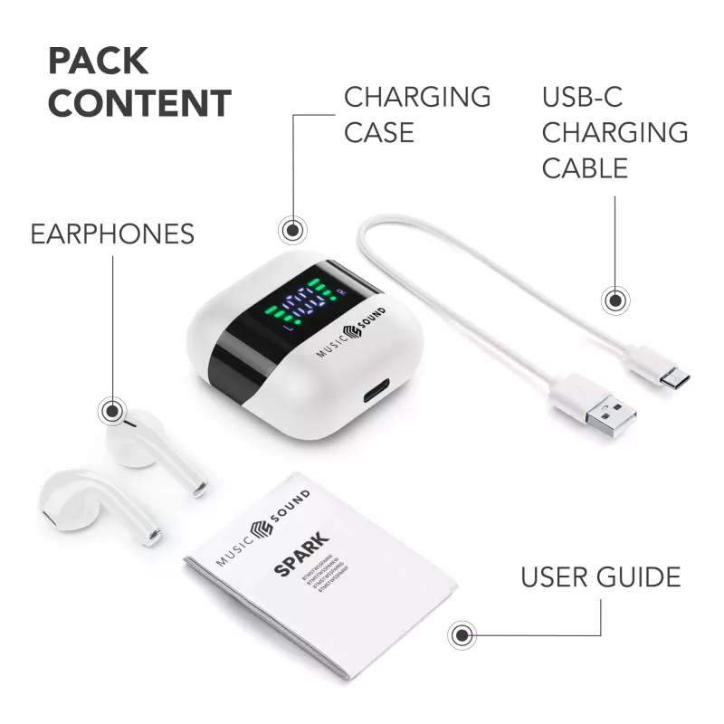 Music Sound SPARK TWS austiņas ar LED displeju, baltas