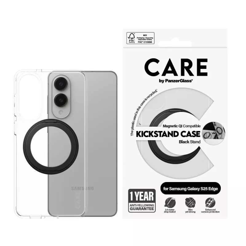 PanzerGlass CARE™ by ® Maciņš Caurspīdīgs ar Melnu Statīvu un Qi Savietojamību Samsung S25 Edge