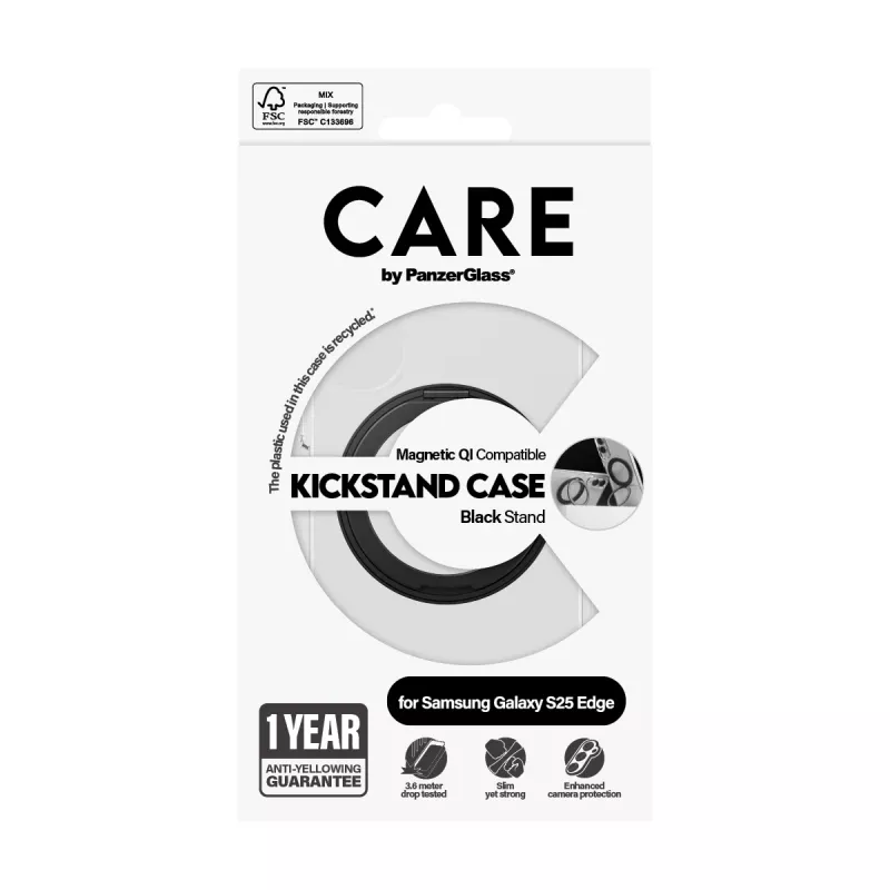 PanzerGlass CARE™ by ® Maciņš Caurspīdīgs ar Melnu Statīvu un Qi Savietojamību Samsung S25 Edge