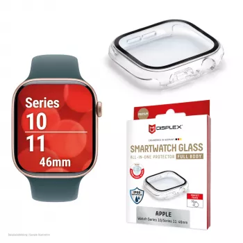 Aizsargstikls PanzerGlass Displex 10H Apple Watch 11/10 42mm, pilna korpusa rūdīts stikls, IP68, aizsniedzams, melns matēts