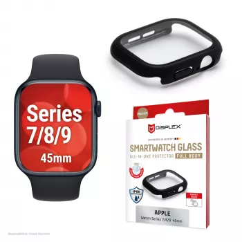 Displex 10H rūdīts stikls Apple Watch 9/8/7 (45mm), pilna korpusa aizsardzība, IP68, uzspraužams, matēti melns