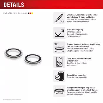 Displex Premium Camera Lens Glass, iPhone 15/15 Plus, 10H, DLC, caurspīdīgs, Quick Mount