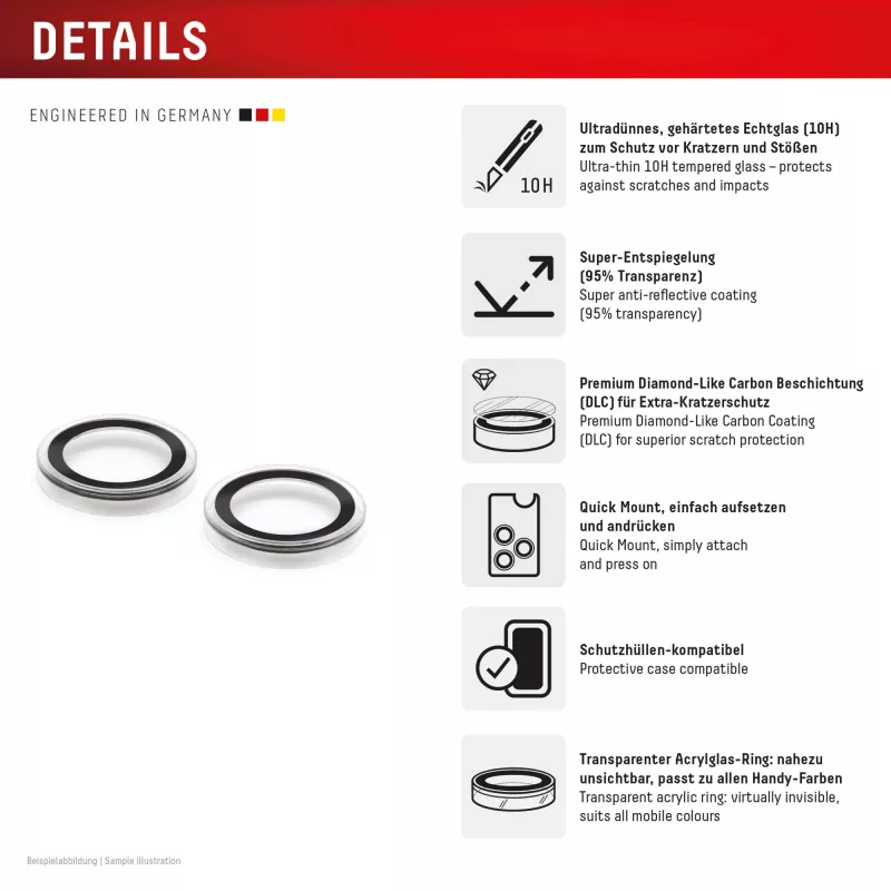 Displex Premium Camera Lens Glass, iPhone 15/15 Plus, 10H, DLC, caurspīdīgs, Quick Mount