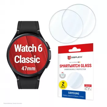 Displex 9H Stikls Galaxy Watch 6 Classic (47mm), 2 iepakojumā, īpaši plāns, bez rāmja, pretpirkstu nospiedumiem, ražots Vācijā