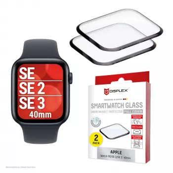 Displex Unbreakable Full Cover Smart Glass Apple Watch SE3/SE2/SE (40mm), 2-Pack, Ultra-Plāns, Mala-Malā, Eco Mount