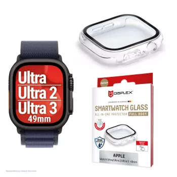 Aizsargstikls PanzerGlass Displex 10H Apple Watch Ultra 3/Ultra 2/Ultra (49mm) — pilna korpusa, IP68, uzspraužams, caurspīdīgs
