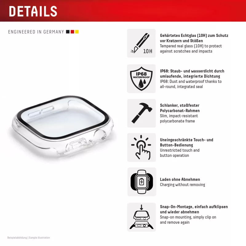 Aizsargstikls PanzerGlass Displex 10H Apple Watch Ultra 3/Ultra 2/Ultra (49mm) — pilna korpusa, IP68, uzspraužams, caurspīdīgs