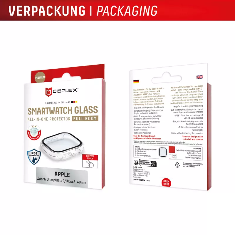 Aizsargstikls PanzerGlass Displex 10H Apple Watch Ultra 3/Ultra 2/Ultra (49mm) — pilna korpusa, IP68, uzspraužams, caurspīdīgs