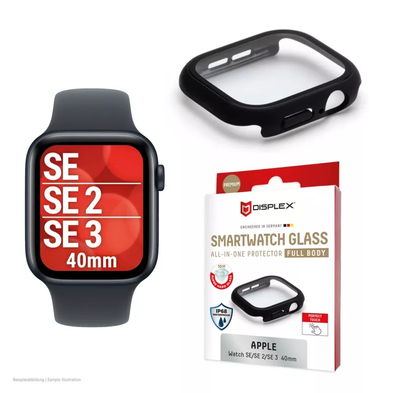 Aizsargstikls PanzerGlass Displex 10H Apple Watch SE3/SE2/SE (40mm) — pilns korpuss, IP68, uzspraužams, melns matēts