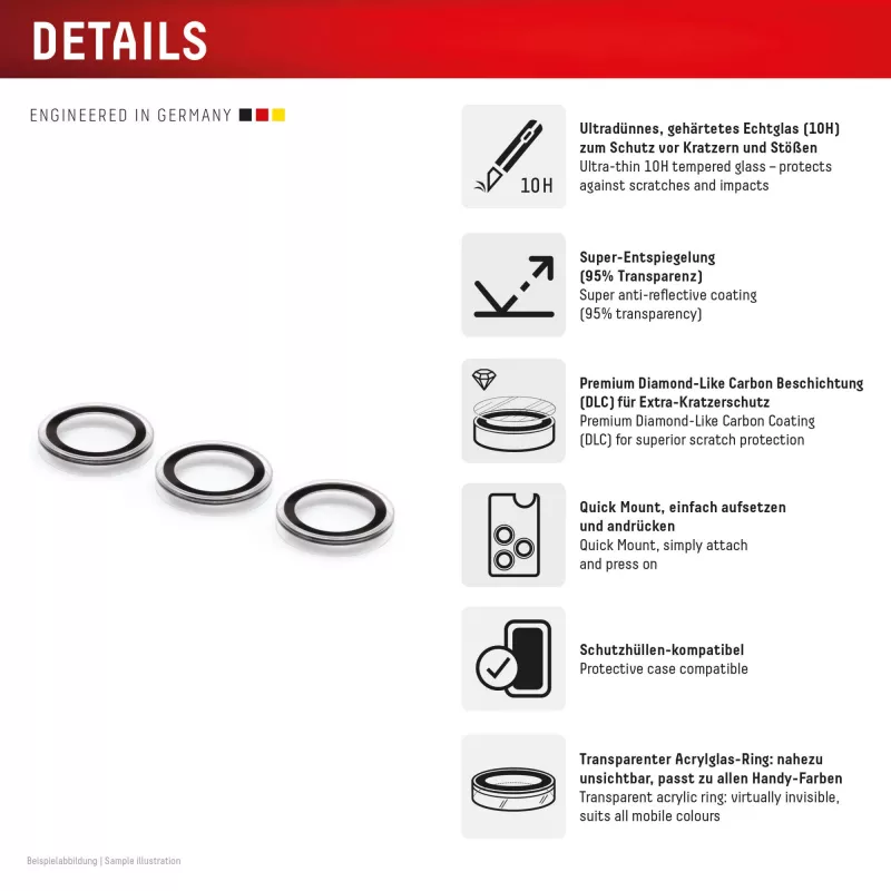 Displex Premium stikla kameras lēcas aizsargs, Samsung Galaxy S25, 10H, Single Rings, DLC, caurspīdīgs, Quick Mount