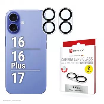 Displex Full Cover kameras objektīva stikls iPhone 16/16 Plus/17, 10H, pilna kameras aizsardzība, ātra uzstādīšana, 2 iepakojumā