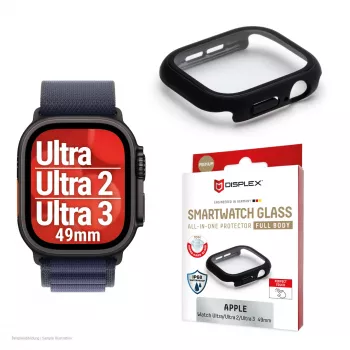 PanzerGlass Displex 10H ekrāna aizsargs Apple Watch Ultra 3/Ultra 2/Ultra (49mm), pilna korpusa, IP68, uzspraužams, melns matēts
