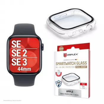 PanzerGlass Displex 10H rūdīts stikls pilna korpusa aizsargs Apple Watch SE/SE2/SE3 44mm, IP68, uzspiežams, caurspīdīgs
