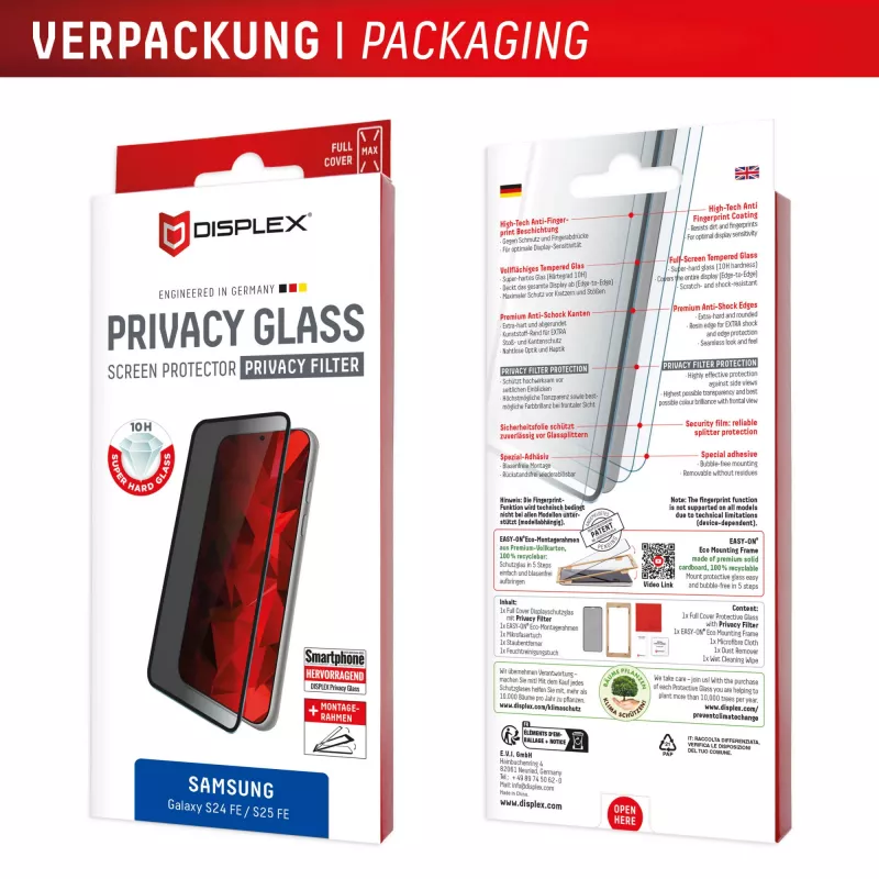 Displex Privātuma aizsargstikls (10H) Samsung Galaxy S25 FE/S24 FE, Eco montāžas rāmis, privātuma filtrs