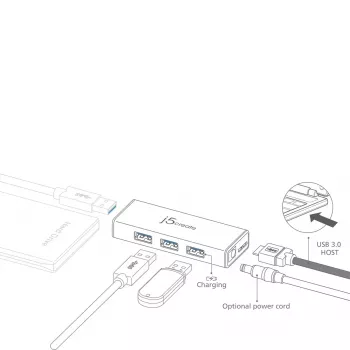 USB centrmezgls j5create JUH340 4 portu USB 3.0 Melns Alumīnijs