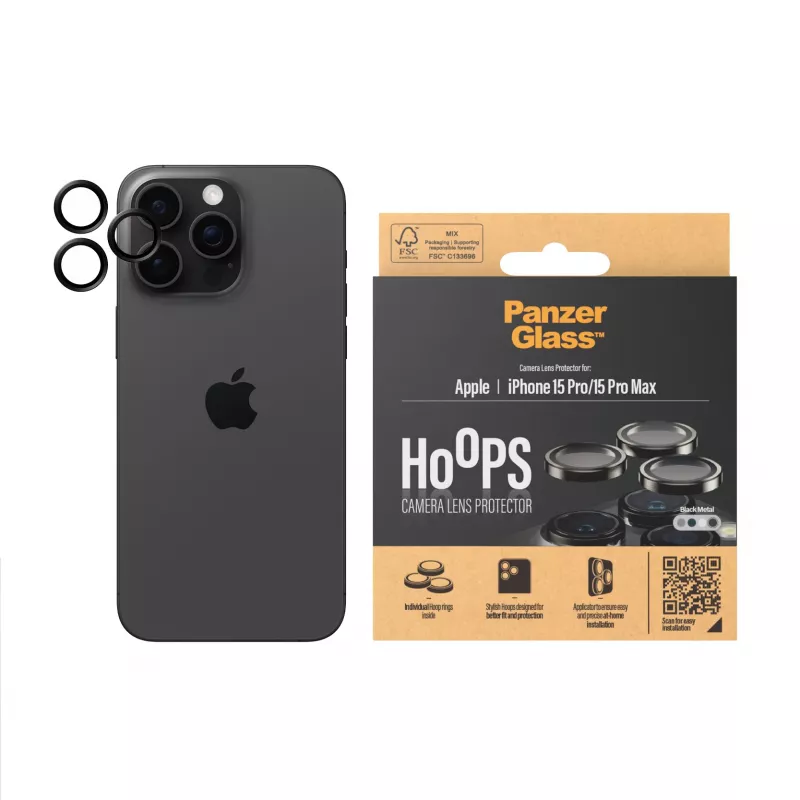 PanzerGlass® Hoops® Metāla Kameras Lēcas Aizsargs Melns iPhone 15 Pro | 15 Pro Max