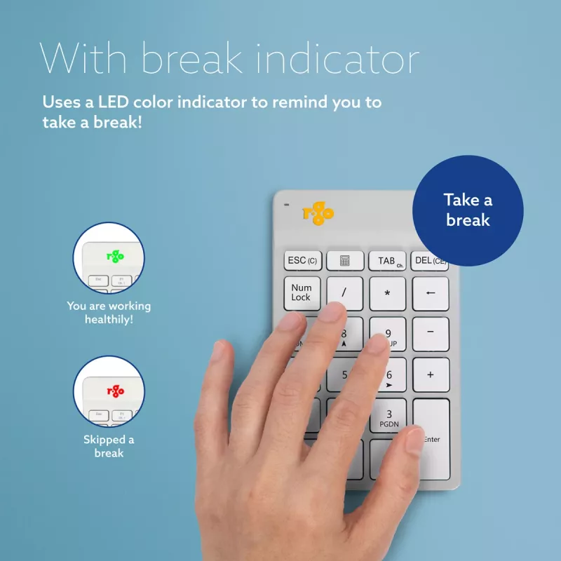 R-Go Tools Ciparu tastatūra R-Go Numpad Break, ergonomiska ciparu tastatūra ar pārtraukuma programmatūru, Bluetooth, balta