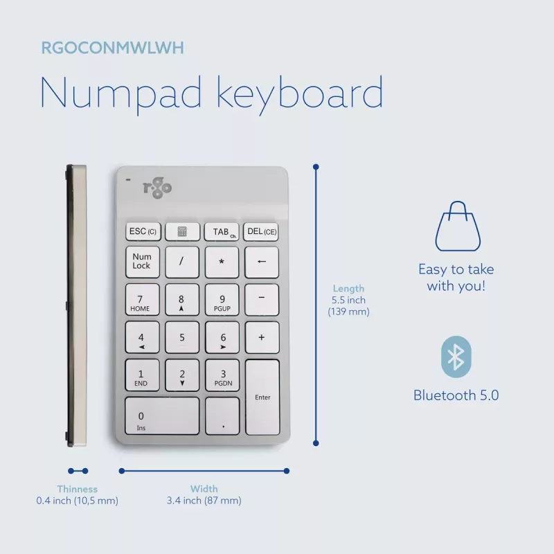 R-Go Tools Ciparu tastatūra R-Go Numpad Break, ergonomiska ciparu tastatūra ar pārtraukuma programmatūru, Bluetooth, balta
