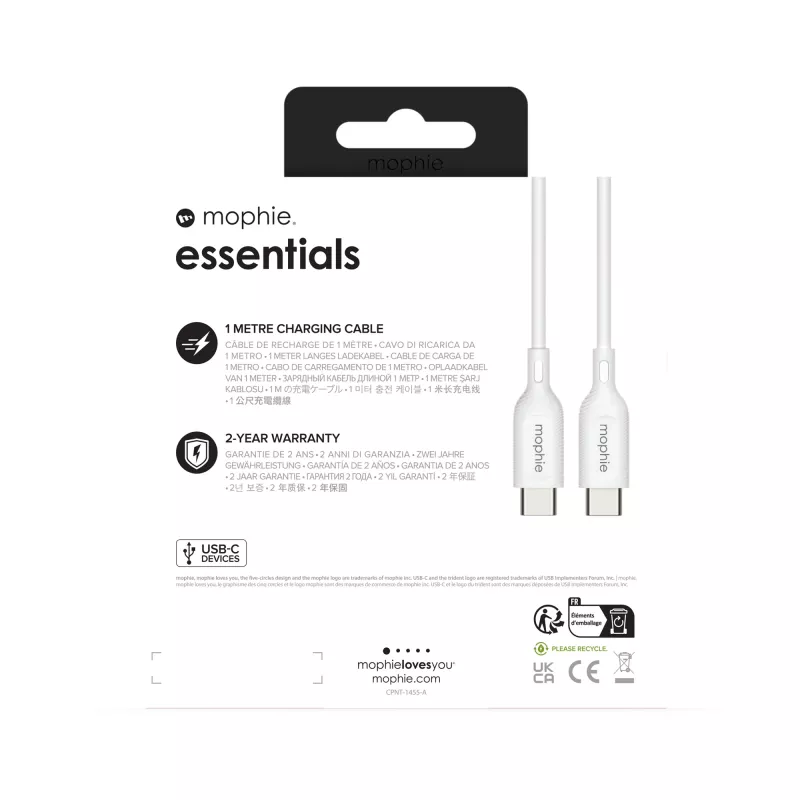 mophie essentials lādēšanas kabelis | 1 m USB kabelis USB 2.0 USB-C balts
