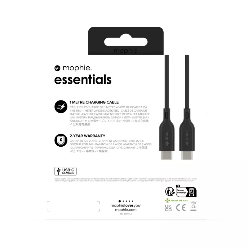 USB-C uz USB-C uzlādes kabelis 1 m — Zagg International mophie essentials, USB 2.0, Melns