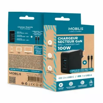 Ravanson Mobilis Lādētājs 100W GaN 2×USB‑C + 1×USB‑A AC iekštelpām — klēpjdatoram, viedtālrunim, planšetei — Melns
