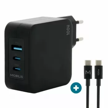 Ravanson Mobilis Lādētājs 100W GaN 2×USB‑C + 1×USB‑A AC iekštelpām — klēpjdatoram, viedtālrunim, planšetei — Melns