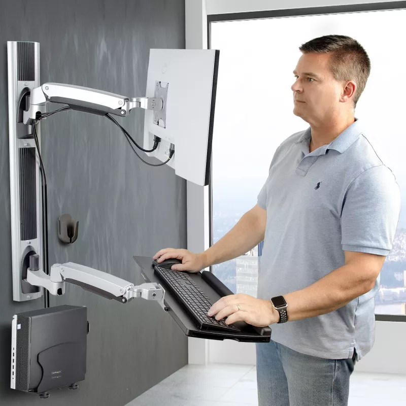 StarTech.com sienas montāžas darba stacija, VESA stiprinājums 32 collu monitoriem (10 kg), pilnībā artikulējams viena monitora stiprinājums un tastatūras paliktnis ar galddatora/PC kronšteinu, stāvēšanas galds