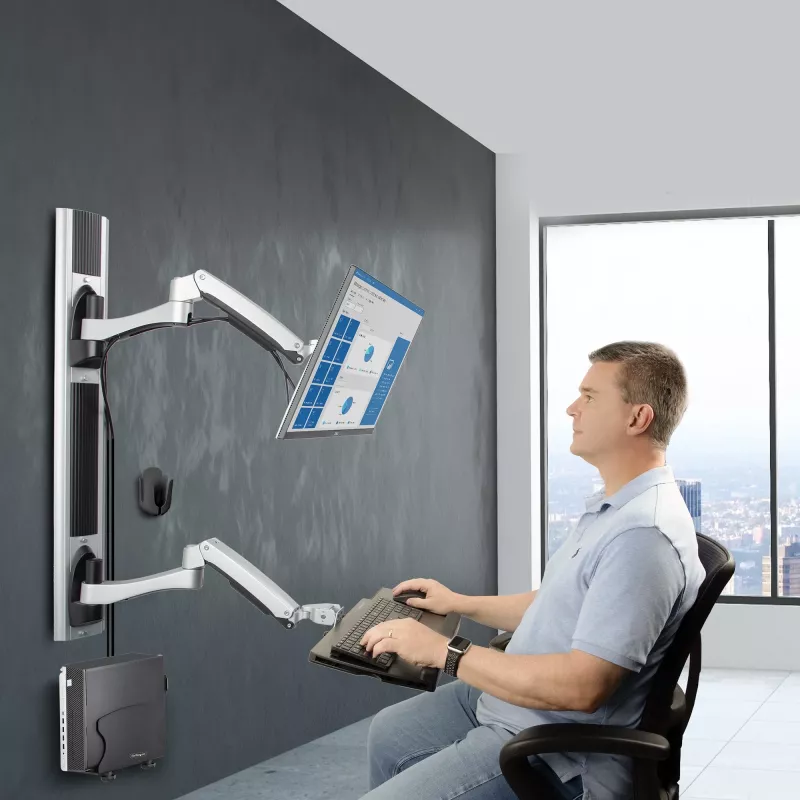 StarTech.com sienas montāžas darba stacija, VESA stiprinājums 32 collu monitoriem (10 kg), pilnībā artikulējams viena monitora stiprinājums un tastatūras paliktnis ar galddatora/PC kronšteinu, stāvēšanas galds