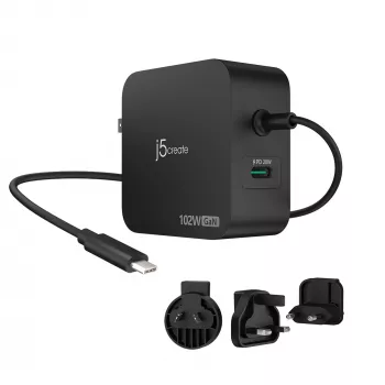 j5create 102W GaN PD USB-C 2 Portu Lādētājs ar Maināmiem Kontaktdakšiem