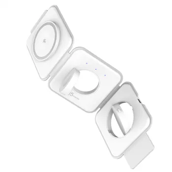 j5create Qi2 3-in-1 magnētiskā ceļojumu bezvadu uzlādes stacija, iekštelpām, USB ātrā uzlāde, balta