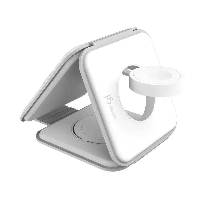 j5create Qi2 3-in-1 magnētiskā ceļojumu bezvadu uzlādes stacija, iekštelpām, USB ātrā uzlāde, balta