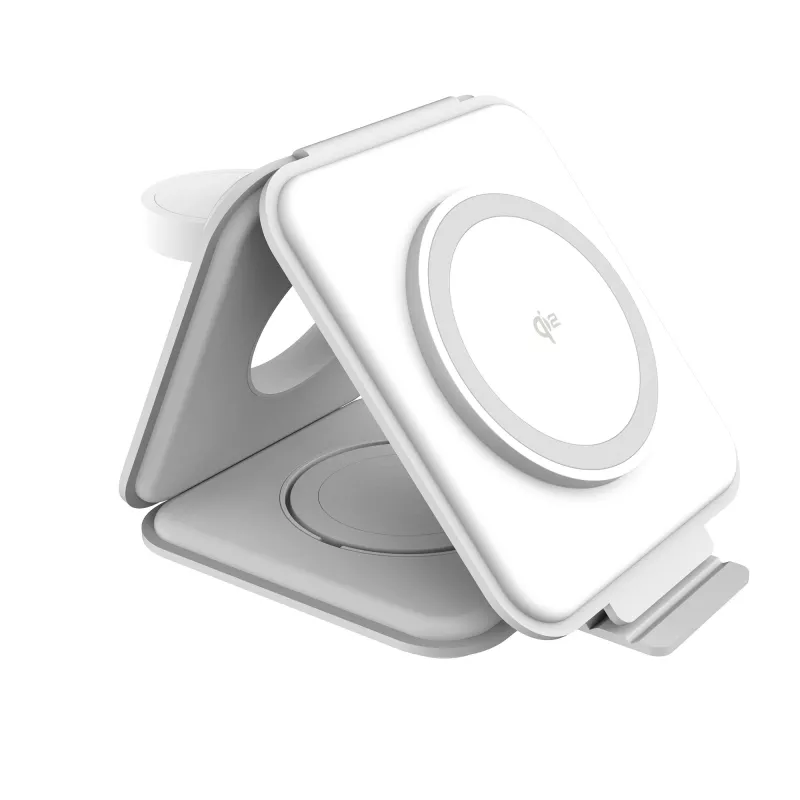j5create Qi2 3-in-1 magnētiskā ceļojumu bezvadu uzlādes stacija, iekštelpām, USB ātrā uzlāde, balta